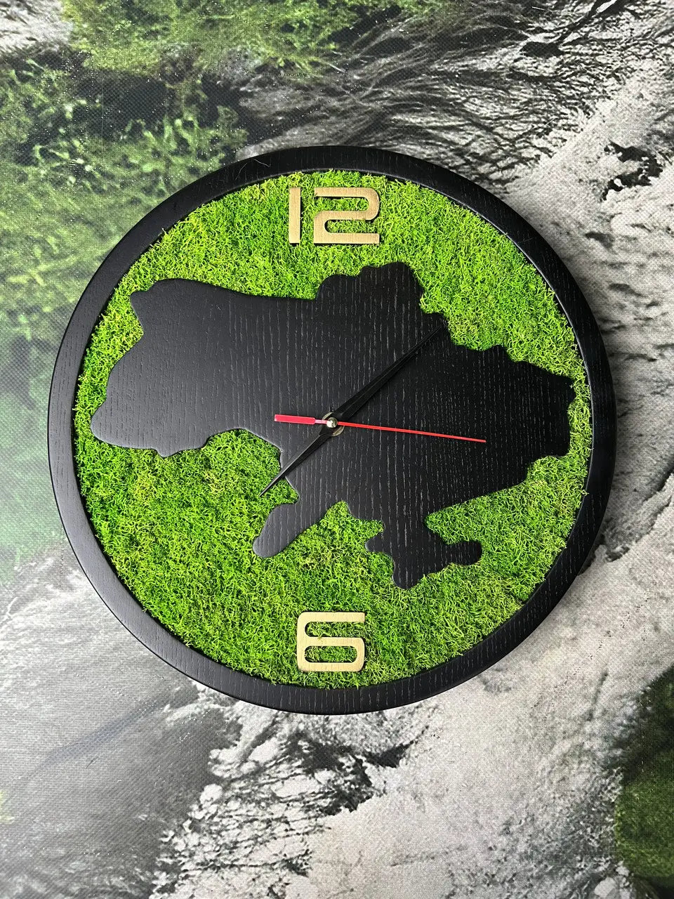 Wooden Wall Clock with Ukraine silhouette and green moss