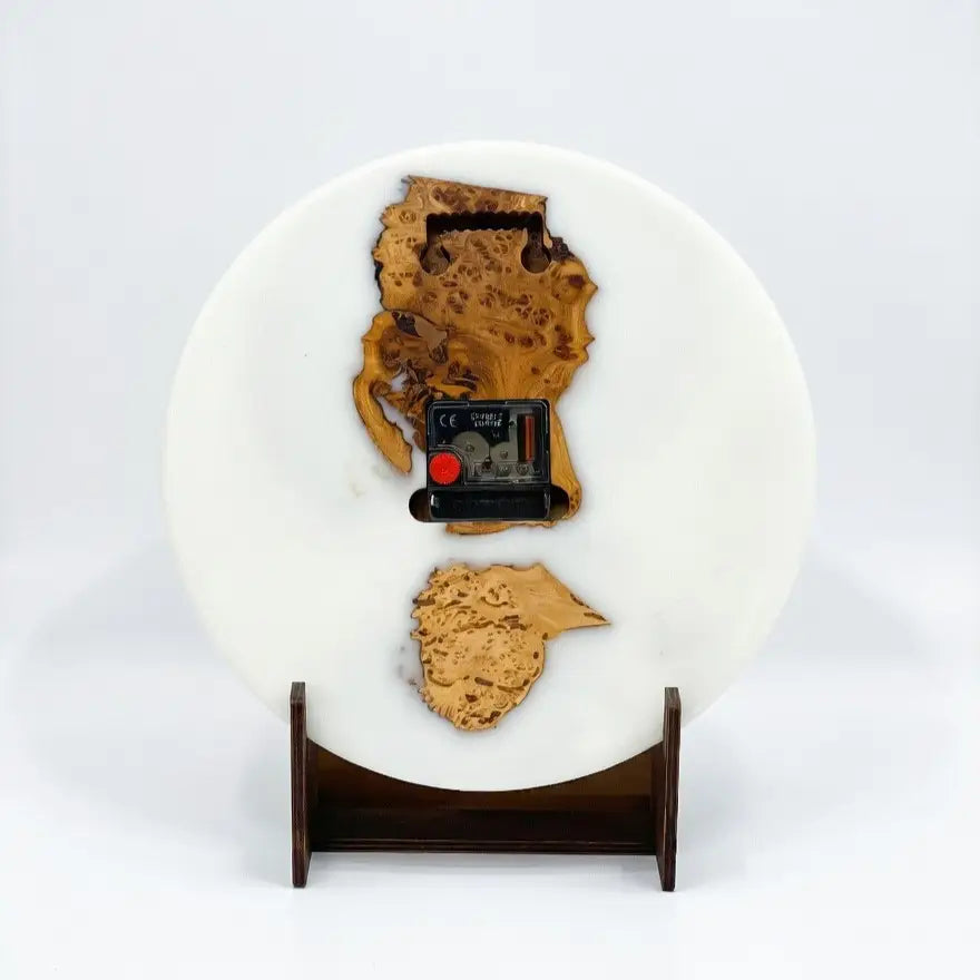 Modern handmade elm burl wall clock for home décor.