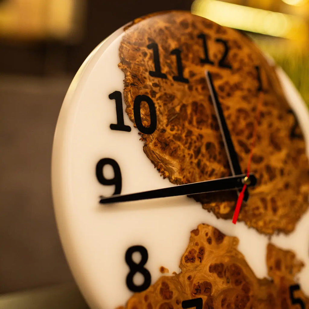 Luxury wooden wall clock with unique elm burl grain and epoxy resin.
