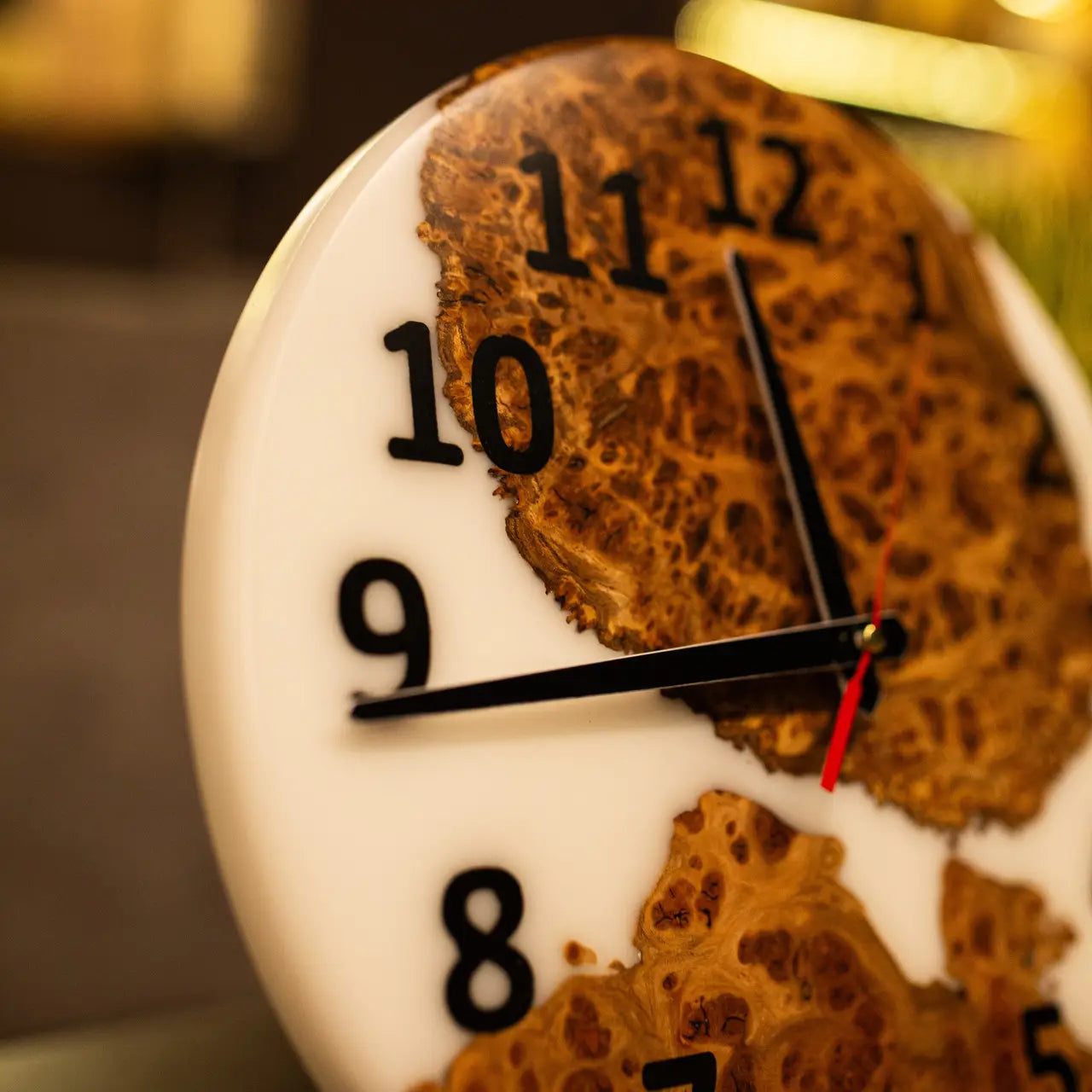 Luxury wooden wall clock with unique elm burl grain and epoxy resin.