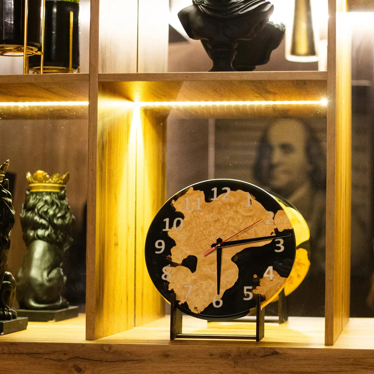 Luxury wooden wall clock featuring natural poplar burl and epoxy resin.