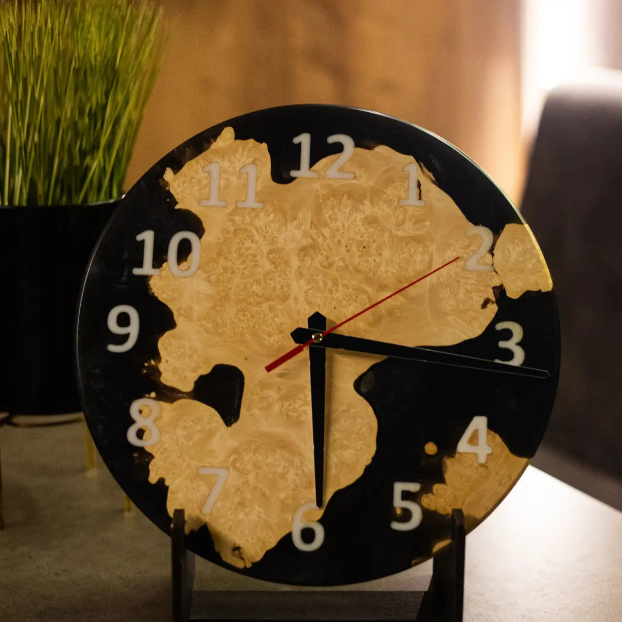Premium epoxy resin wall clock with unique natural wood grain.
