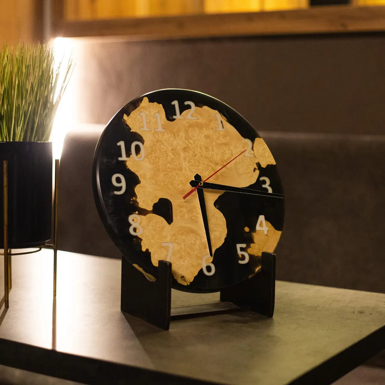 Modern handmade poplar burl wall clock for home décor.