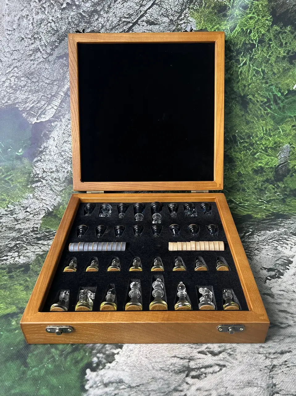 Luxury Chess Set – Golden Lion Glass & Ash Wood Board