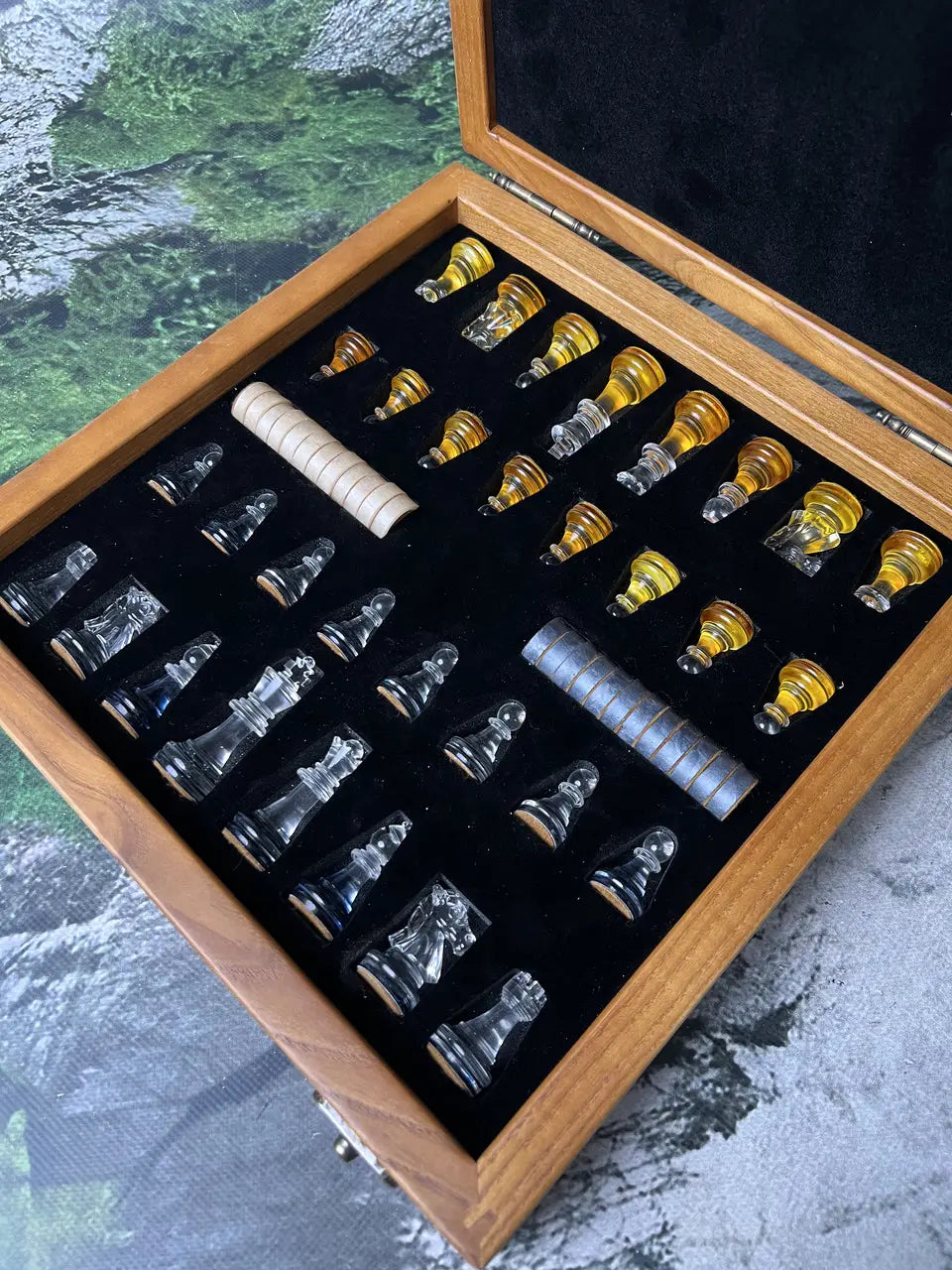 Spider in the Web glass chess set on handcrafted wooden board