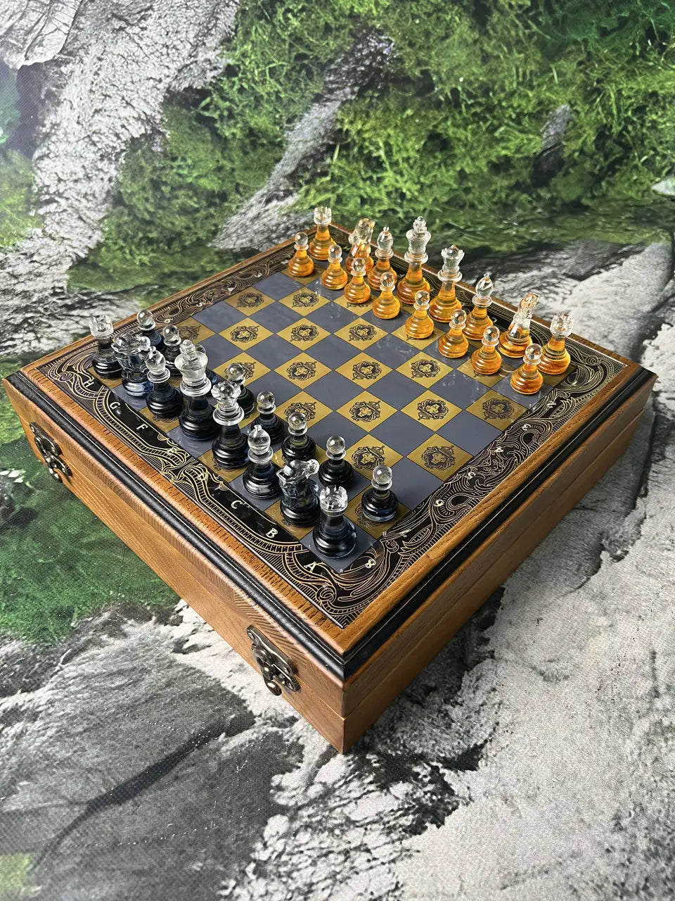 Luxury chess set with Golden Lion glass board