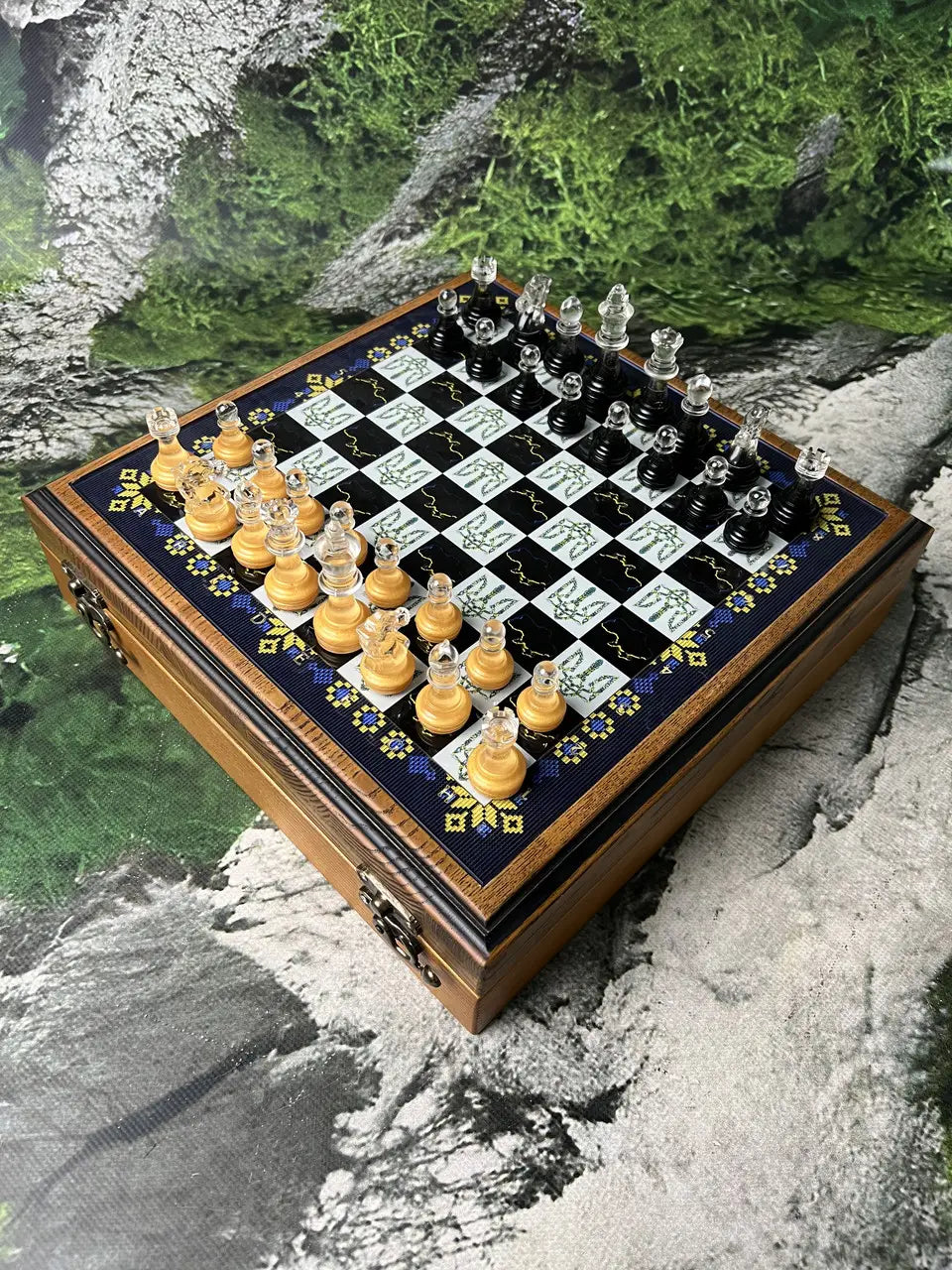 Glass Chess Set with handcrafted ash wood board