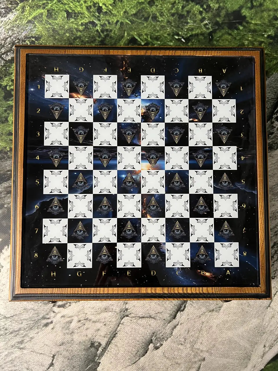 Premium handcrafted glass chess set on ash wood board