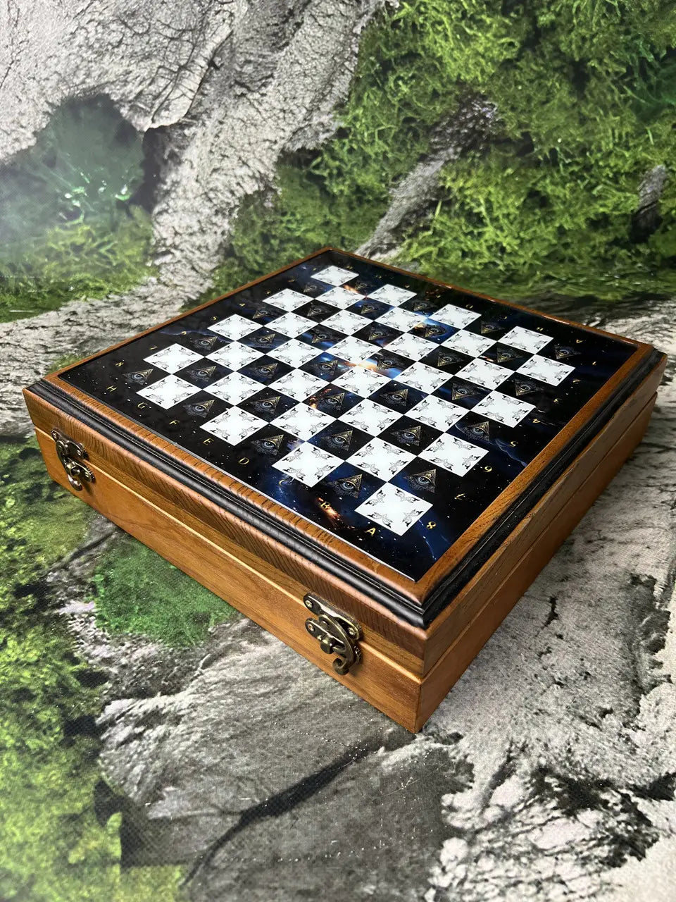 Luxury glass chess set with blue and clear chess pieces