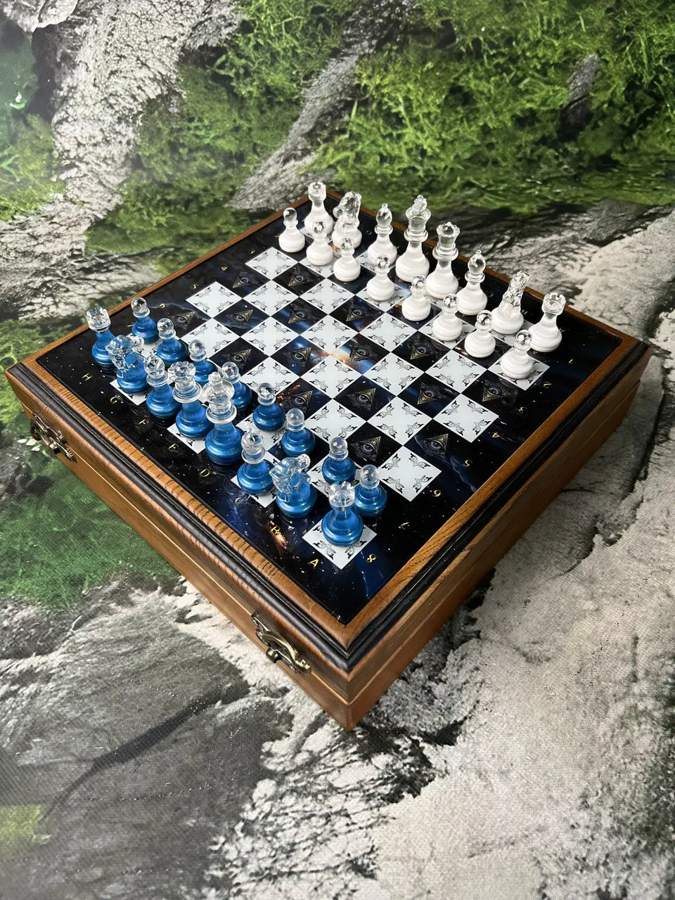 All-Seeing Eye glass chess set with handcrafted wooden board