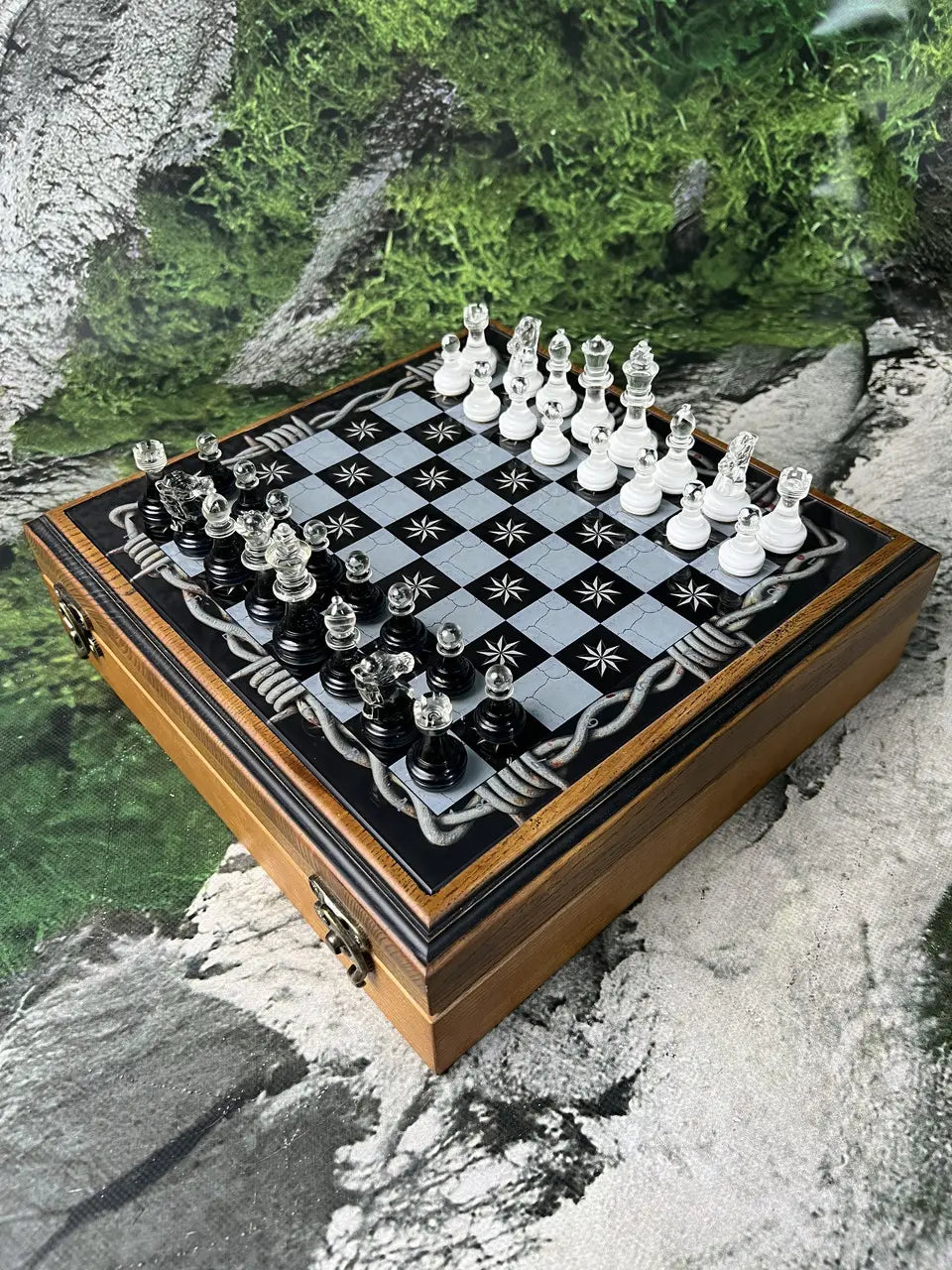 Criminal Octagram glass chess set with handcrafted wooden board