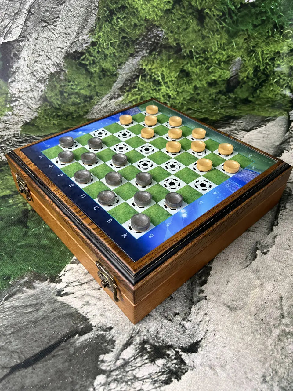 Premium soccer-themed glass chess set