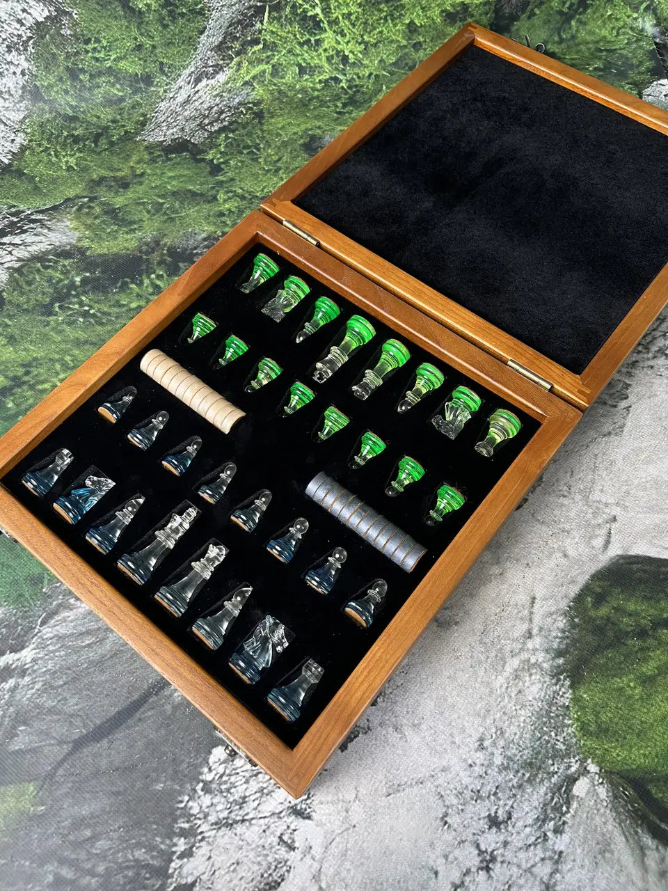 Ash wood chess board with football-inspired glass pieces