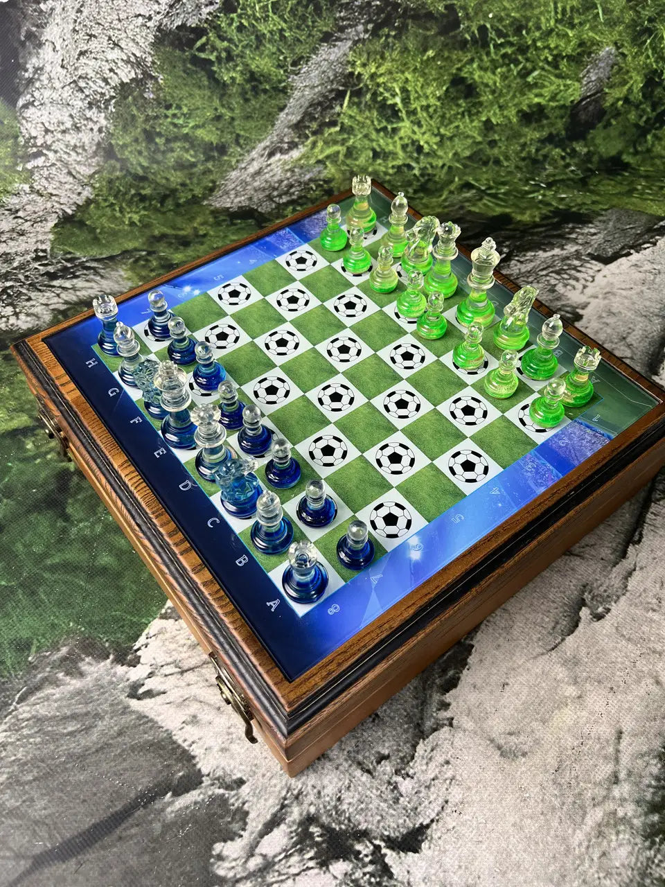 Football Arena glass chess set with handcrafted wooden board