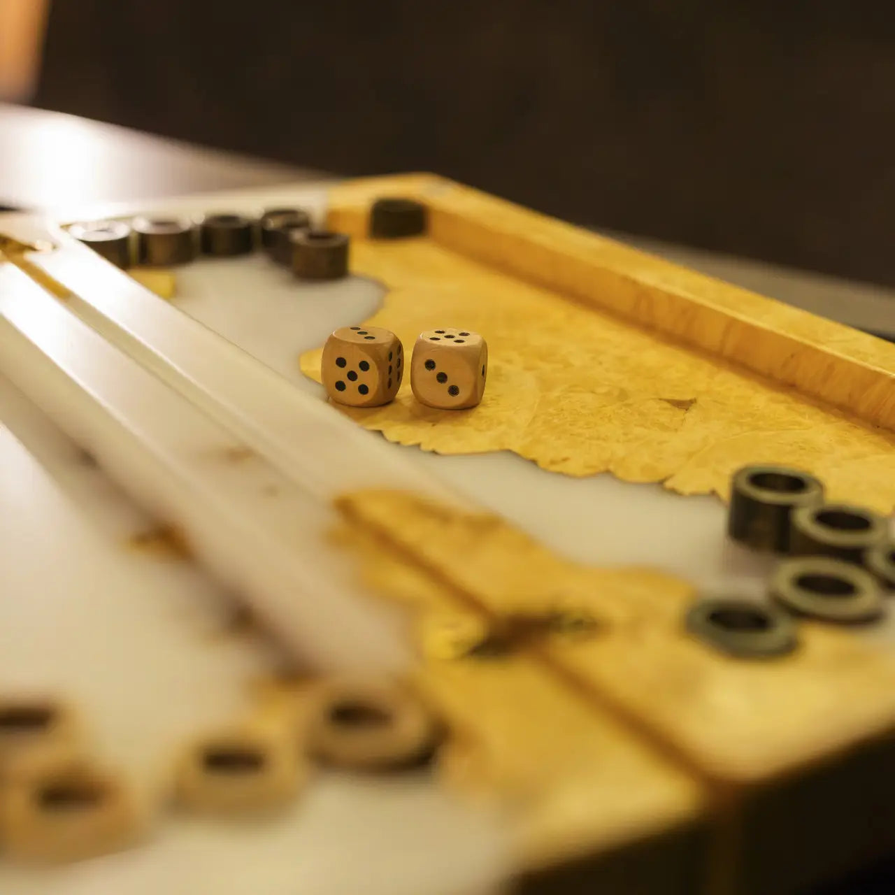 Ivory epoxy resin backgammon set with wooden playing pieces