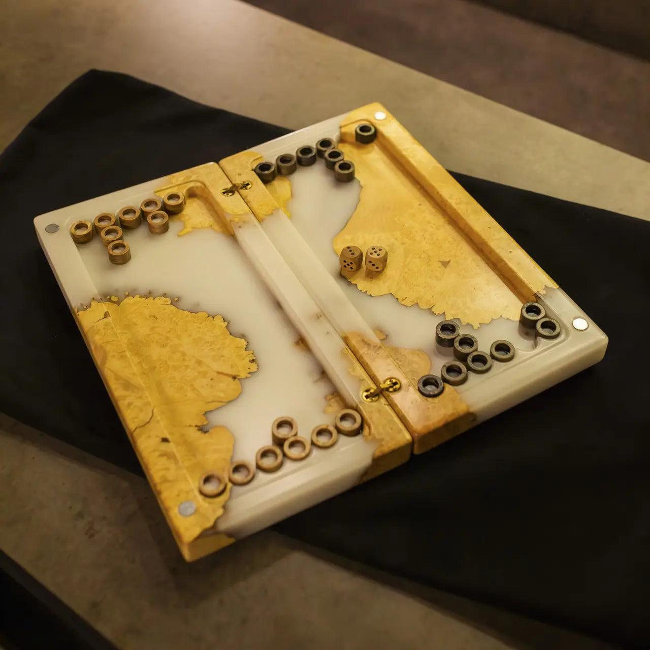 Ivory compact handmade wooden backgammon set with white epoxy resin