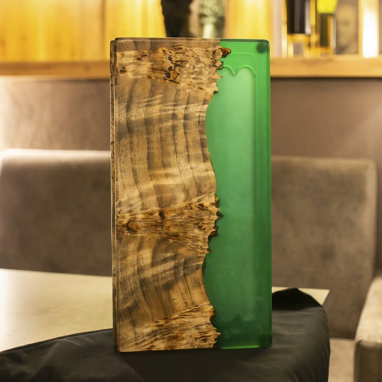 Green epoxy backgammon playing surface with natural wooden details