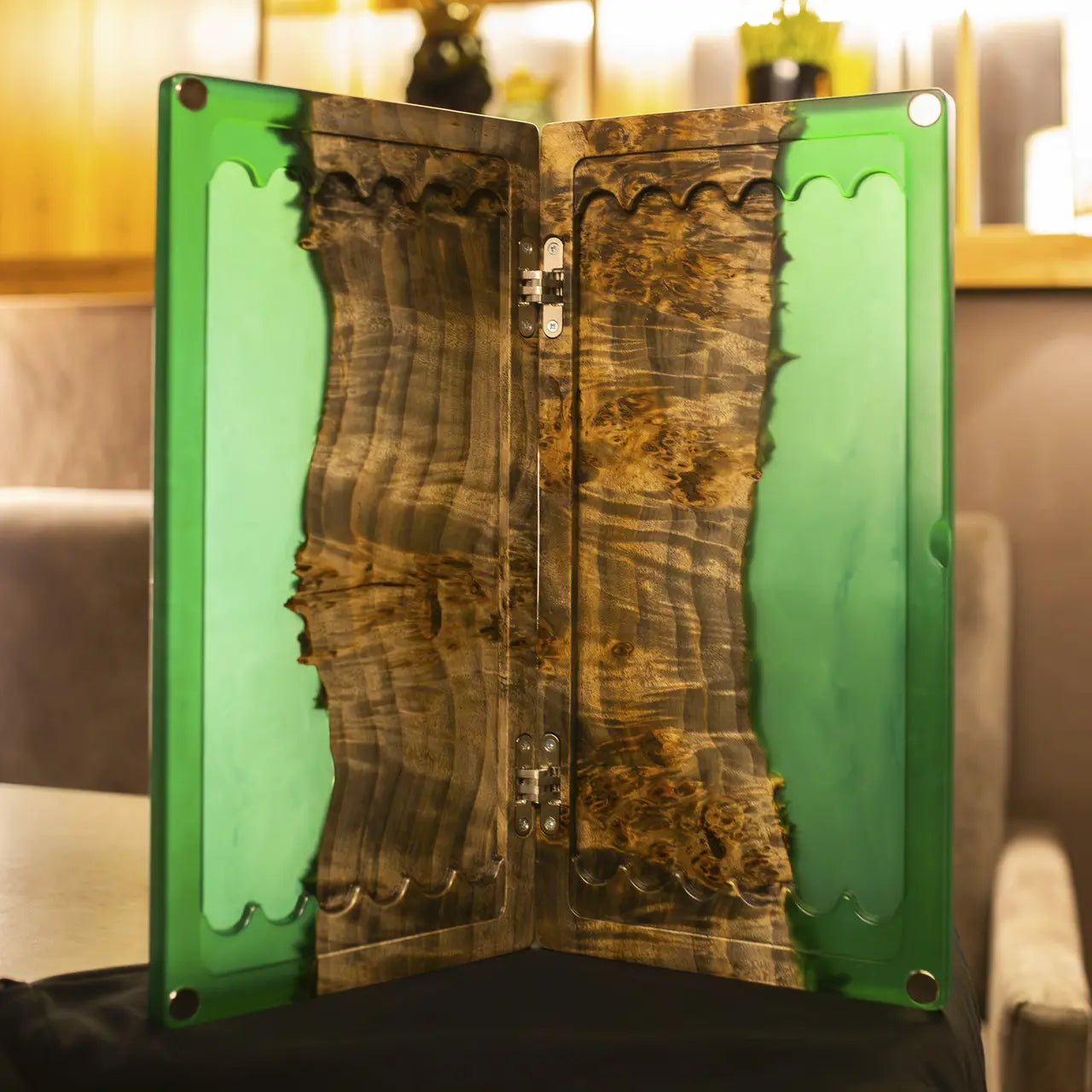 Handmade backgammon set combining natural wood and green epoxy resin