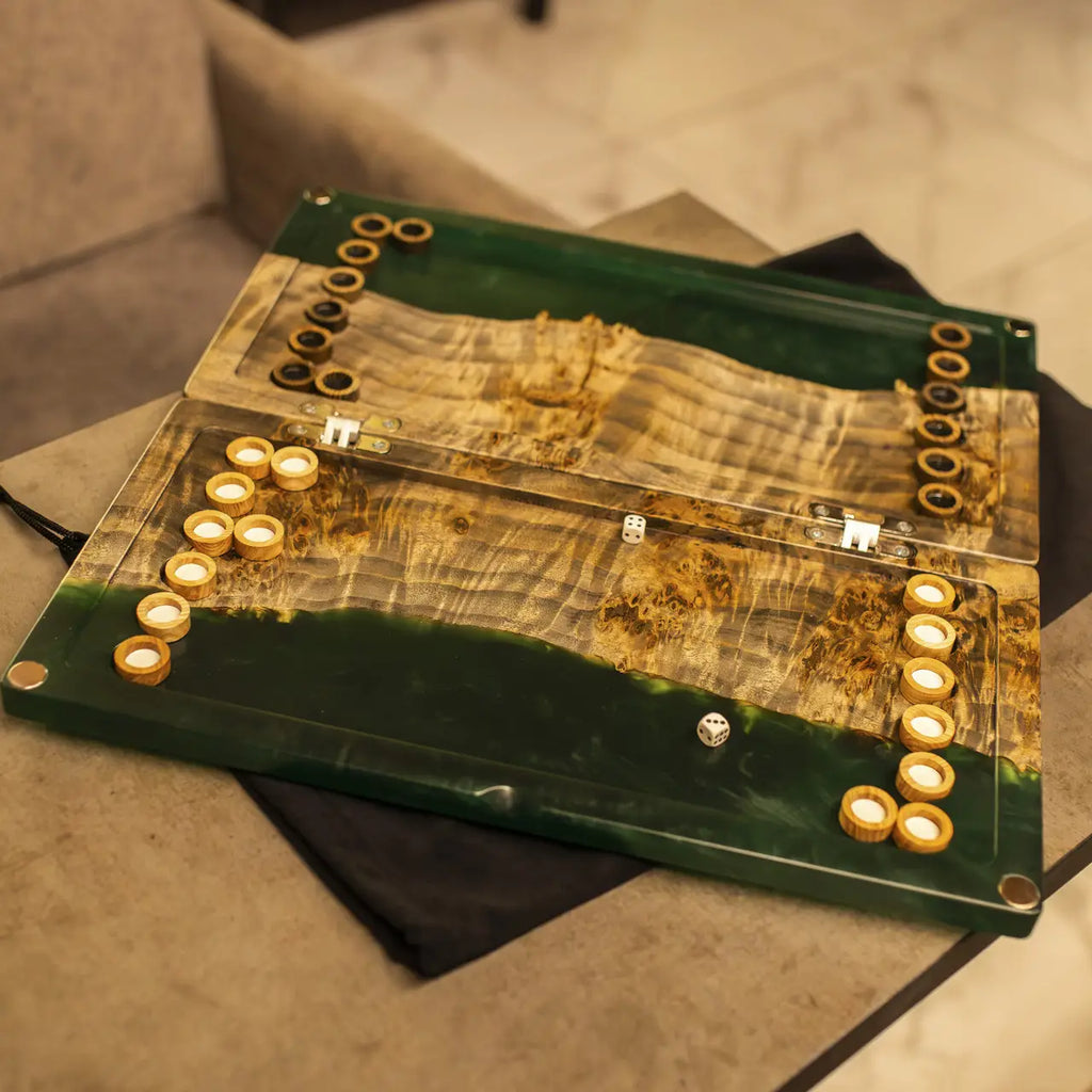 Green epoxy handmade wooden backgammon set in folded position