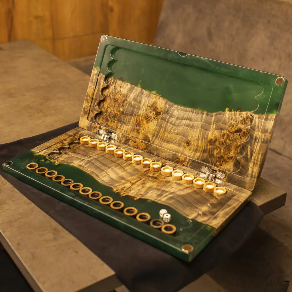 Detailed view of handmade 50 cm green epoxy backgammon set