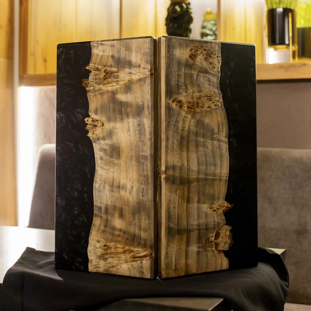 Folded Obsidian wooden backgammon set with dramatic black resin design