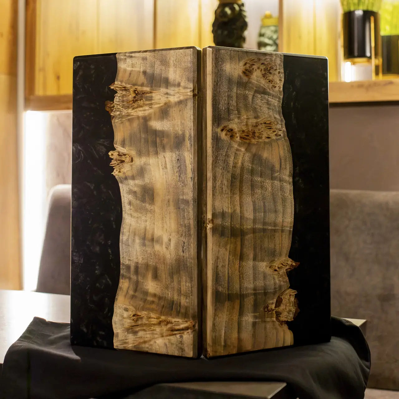 Folded Obsidian wooden backgammon set with dramatic black resin design