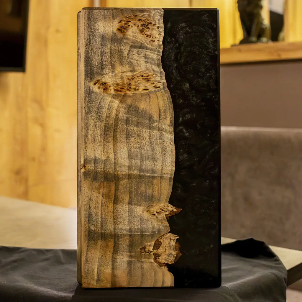 Closed handmade Obsidian backgammon board with natural live edge wood