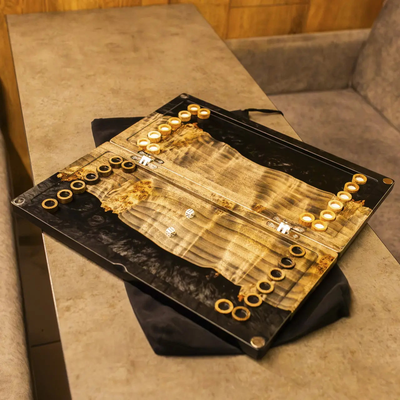 Open Obsidian luxury wooden backgammon set with black epoxy resin