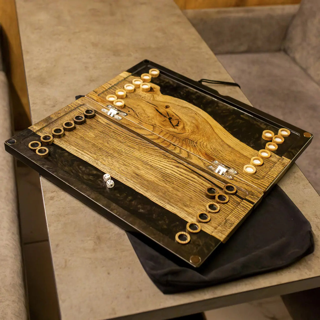 Open Noir premium wooden backgammon set with black epoxy resin