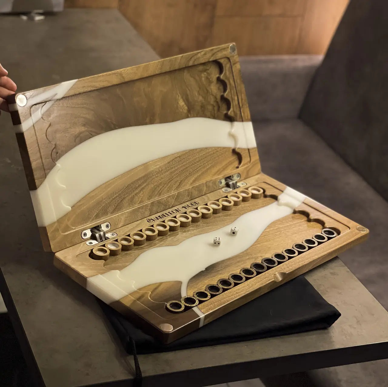 Open Ivory premium wooden backgammon set with checkers and dice