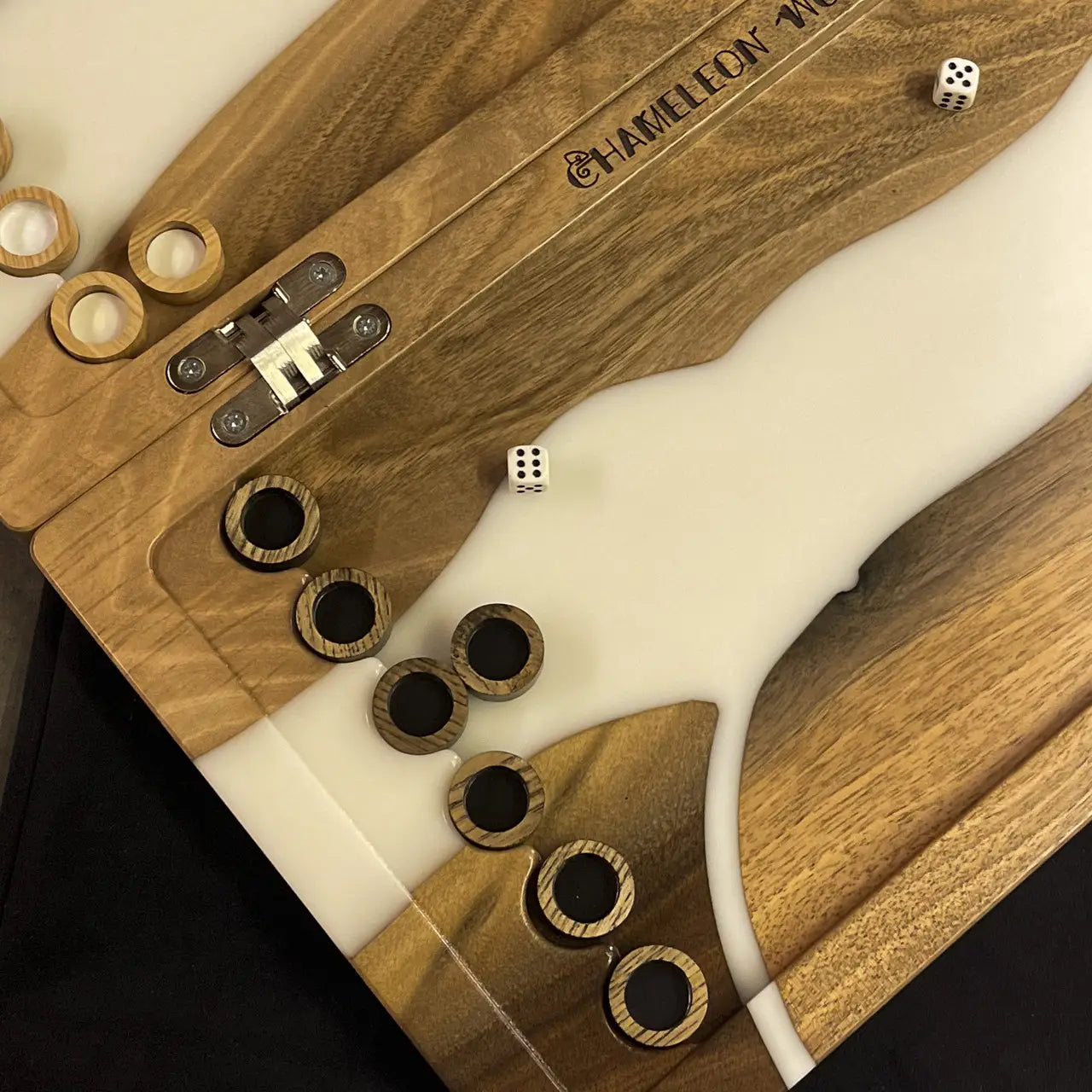 Open Ivory handmade backgammon board with flowing white epoxy resin