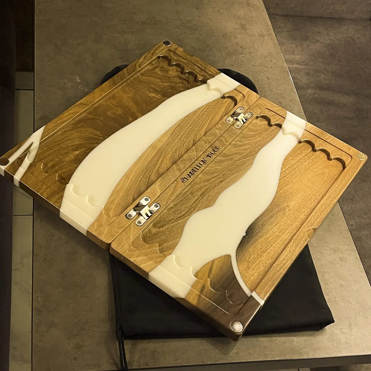 Ivory luxury wooden backgammon board with white epoxy resin and checkers
