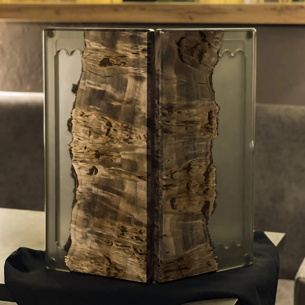Folded Wildwood backgammon board with live-edge wood and dark epoxy resin