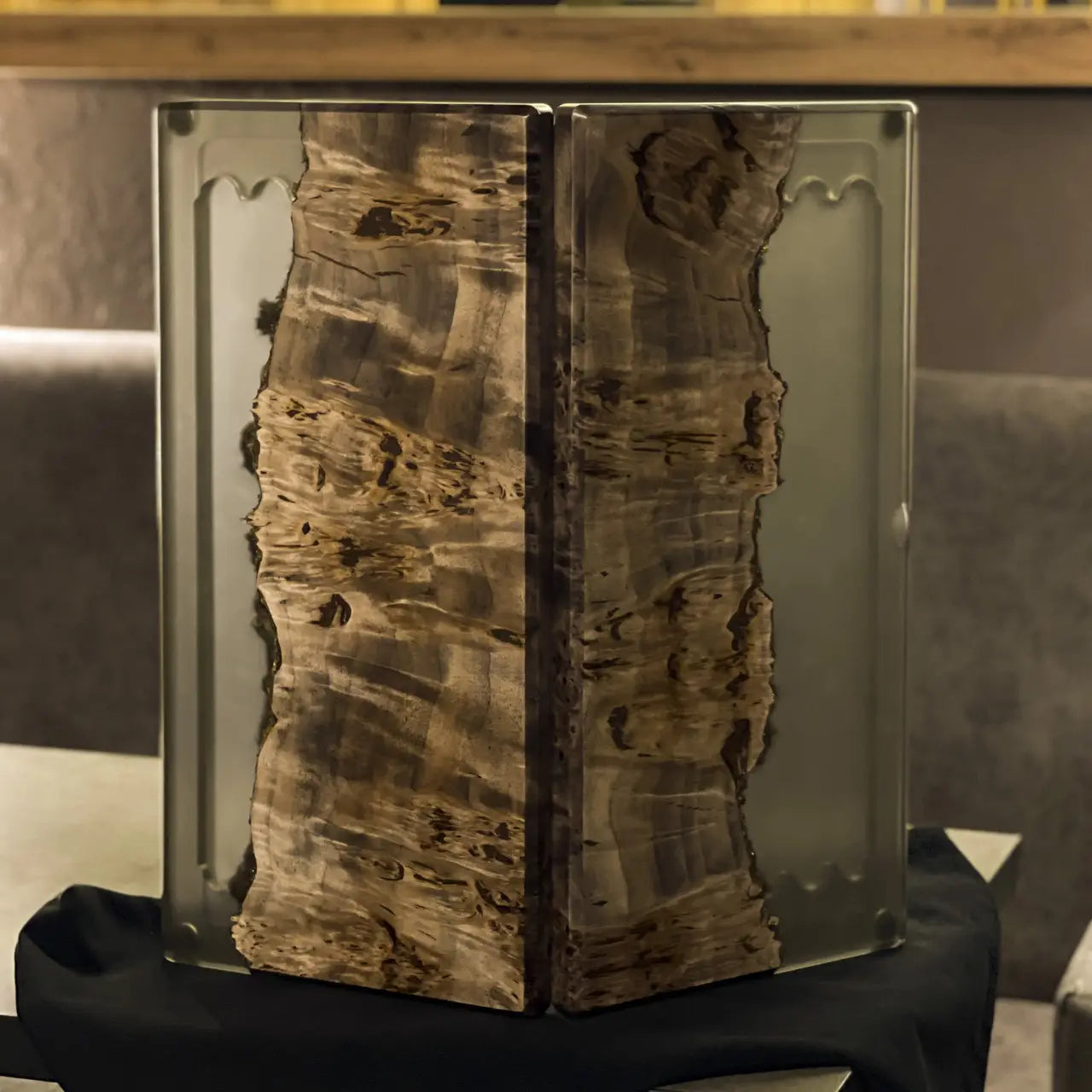 Folded Wildwood backgammon board with live-edge wood and dark epoxy resin