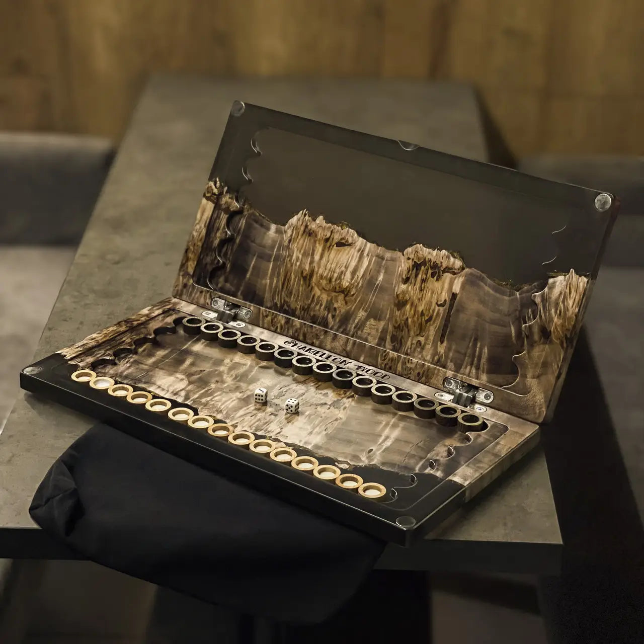 Open Wildwood handmade wooden backgammon board with checkers and dice