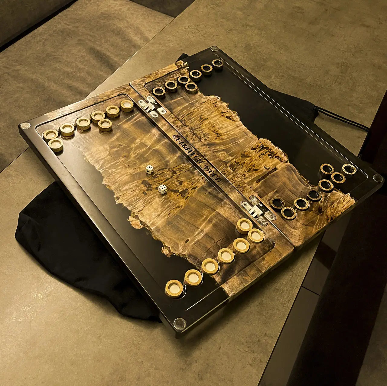 Wildwood handcrafted backgammon board with organic wood grain and black epoxy