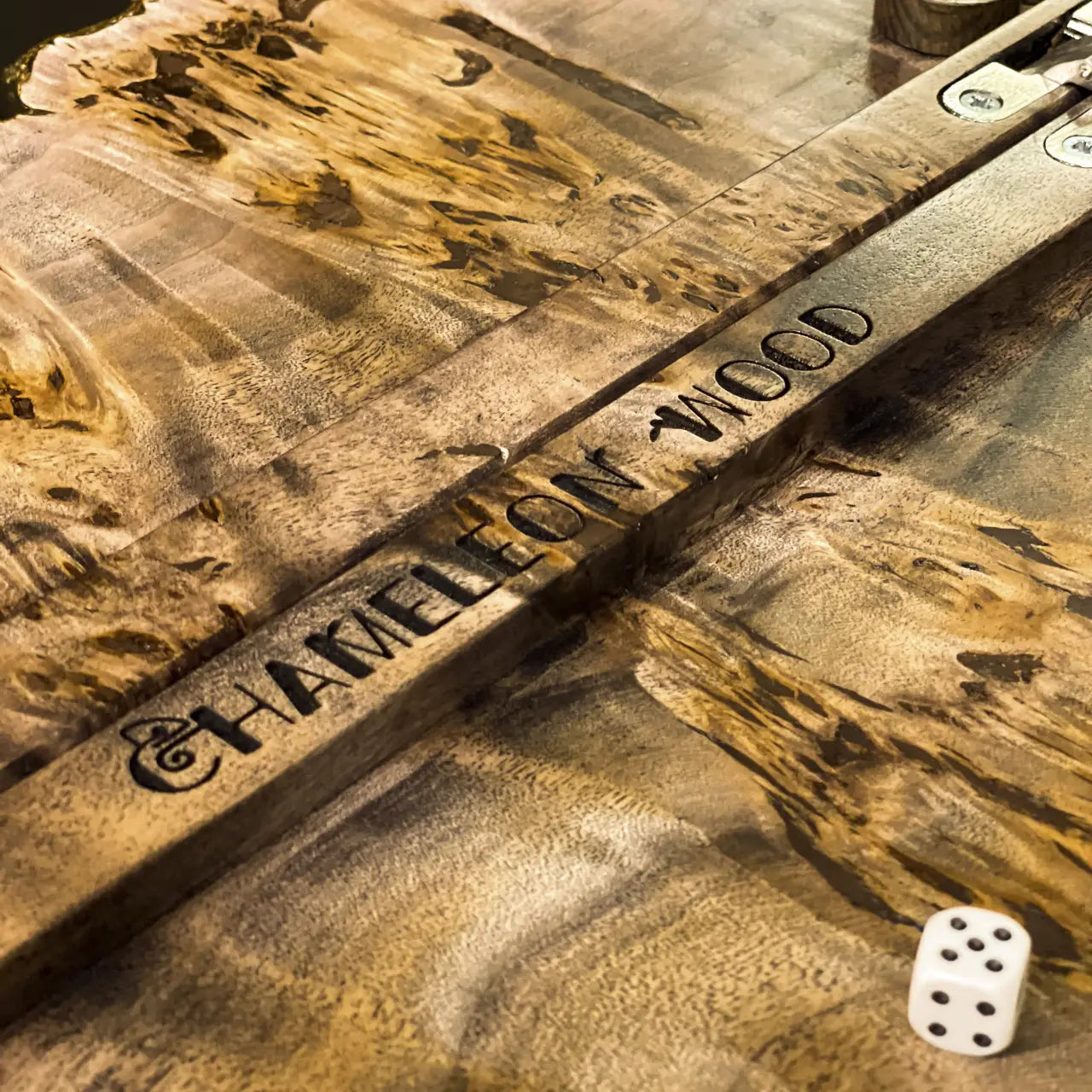 CHAMELION WOOD detail on handcrafted natural wood backgammon board