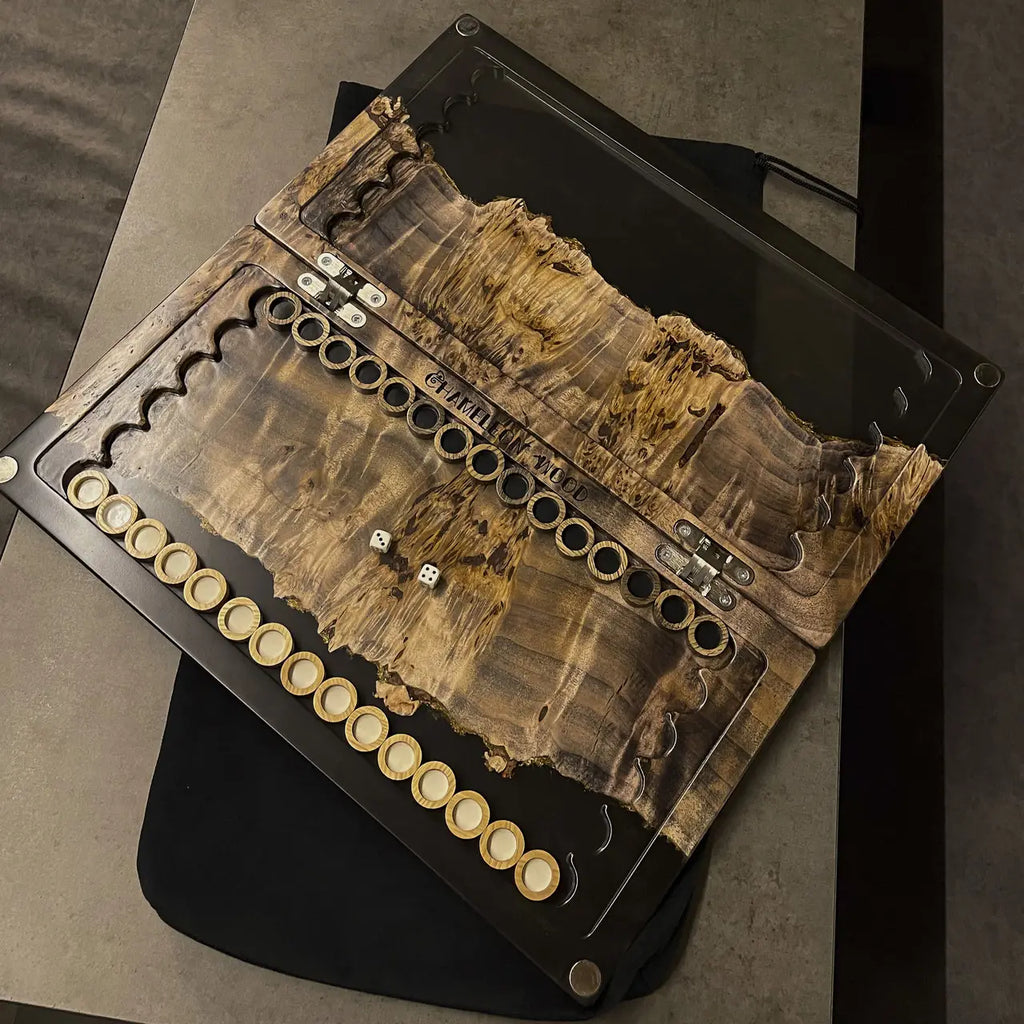 Wildwood handmade backgammon set with natural wood and black epoxy resin