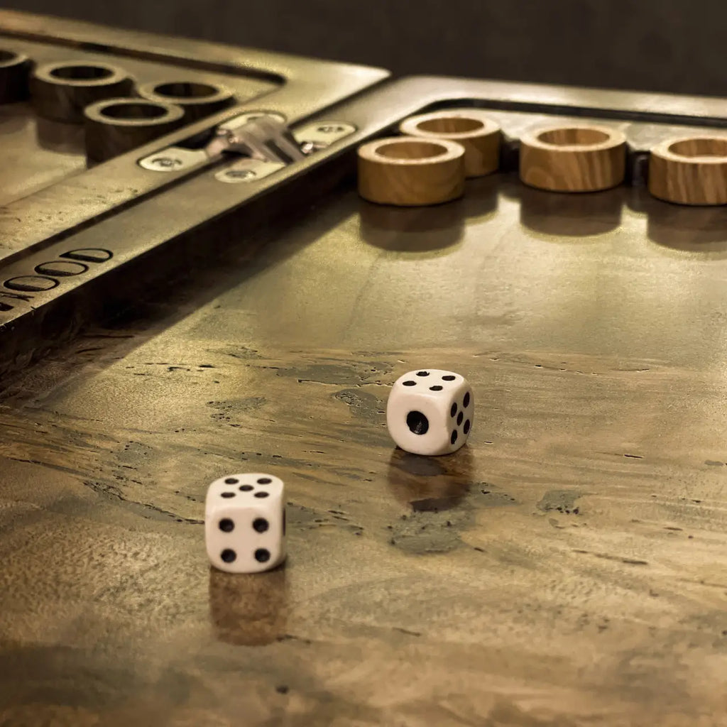 Wildwood backgammon board detail with wooden checkers and playing dice