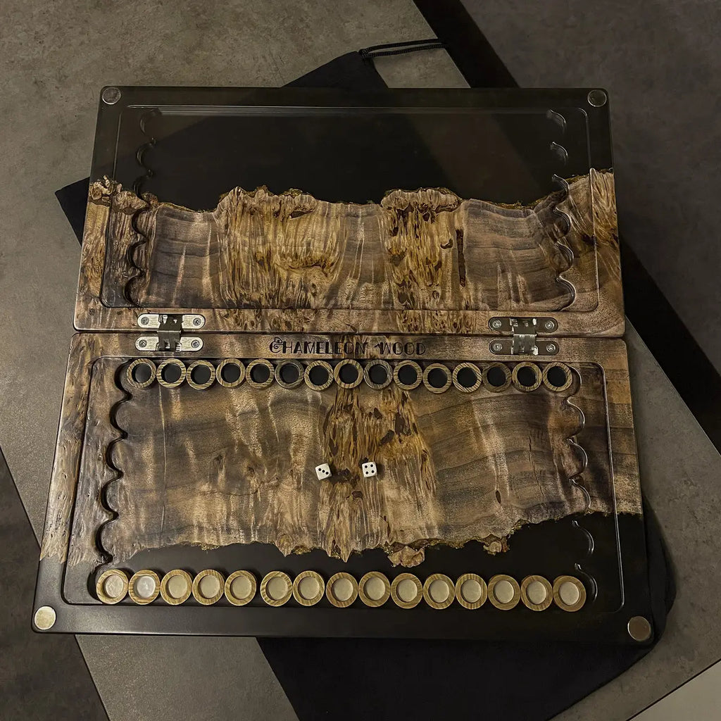 Top view of Wildwood luxury backgammon set with black epoxy resin