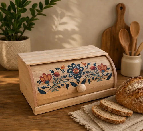 Wooden Bread Box with Petrykivka Design | Beech Bread Storage