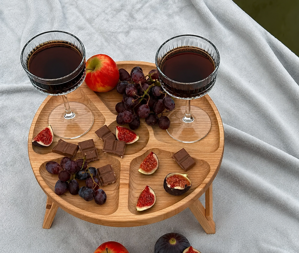 Round wooden snack tray with foldable legs made from natural beech wood