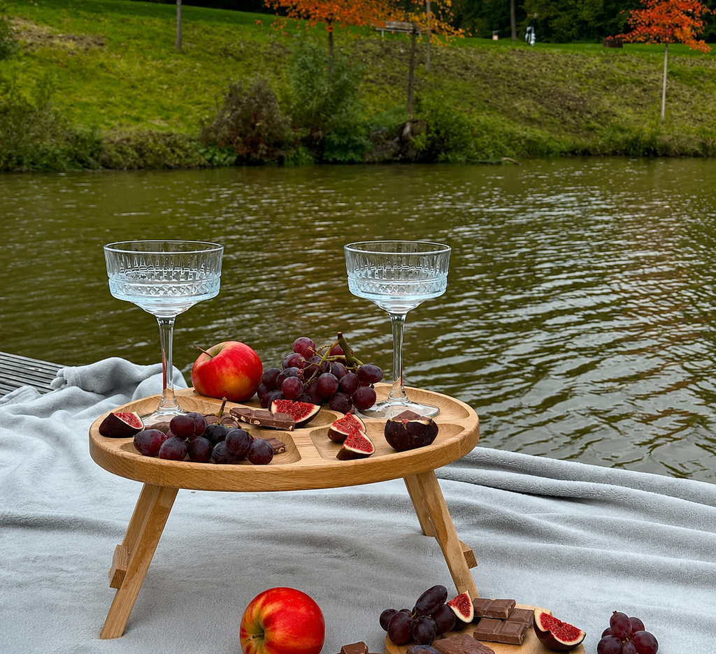 Wooden fruit serving table for picnics and home entertaining