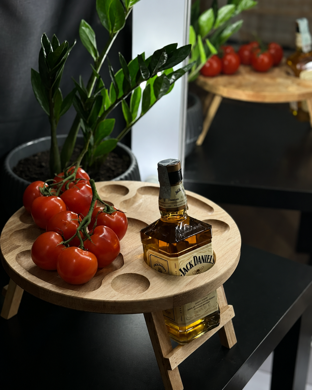 Oak serving platter with multiple snack sections and portable folding legs