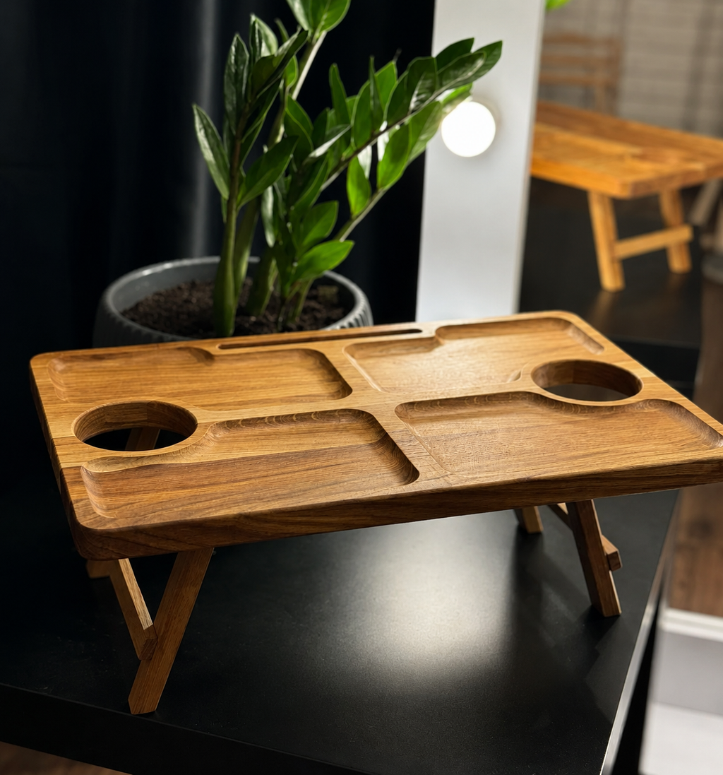 Wooden beer and snack table with phone stand made from natural oak