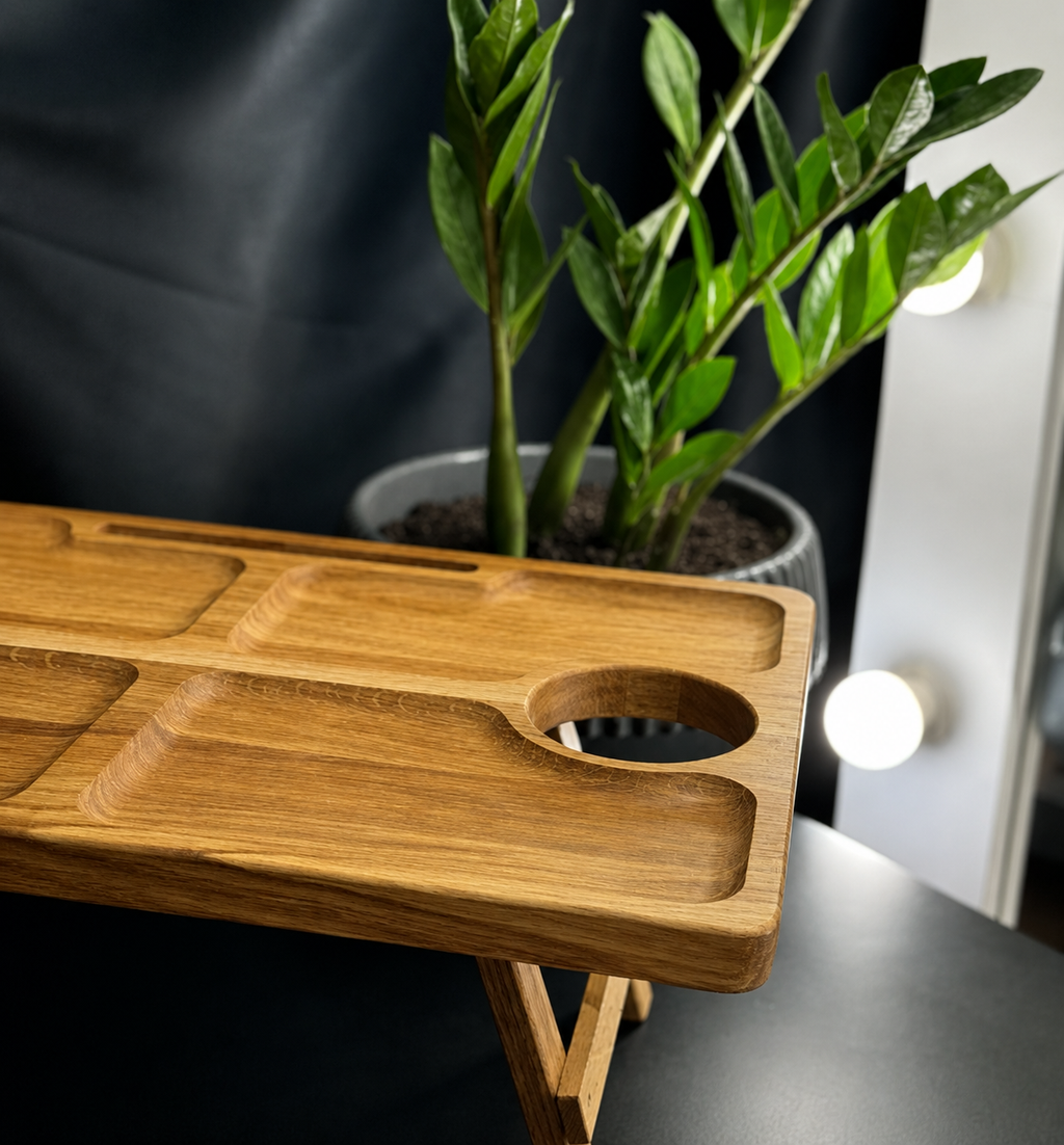 Handmade wooden beer tray with snack compartments and phone holder