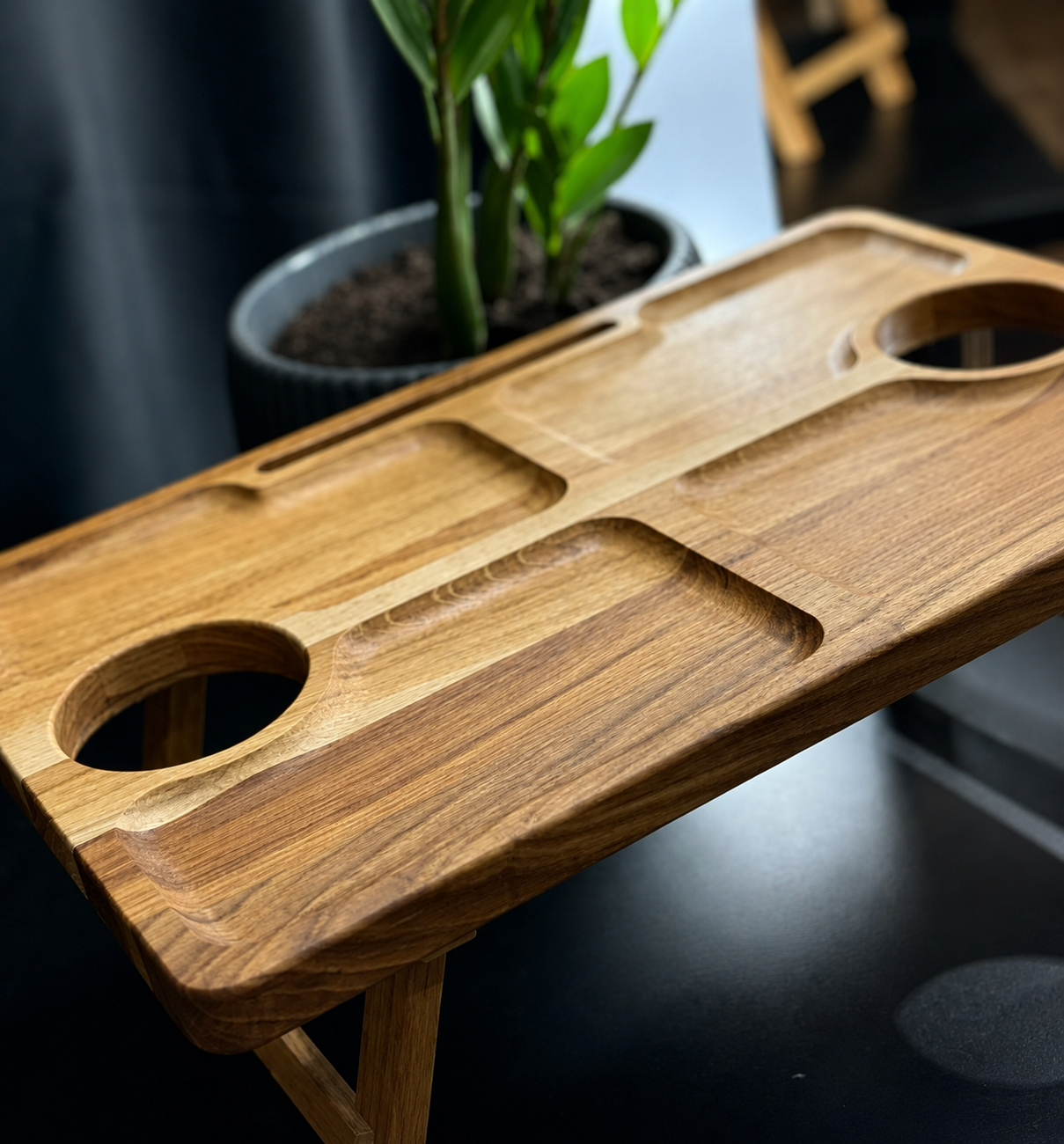 Oak serving table with folding legs and drink holders
