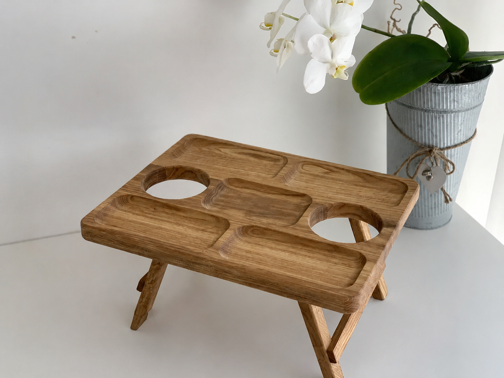 Handmade oak wine table with snack compartments
