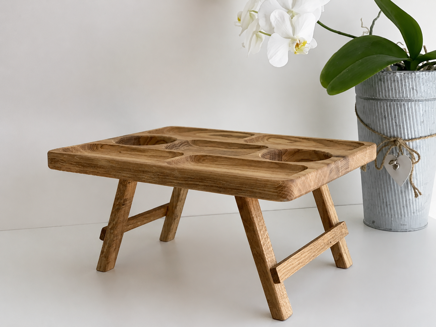 Solid oak charcuterie table with folding legs