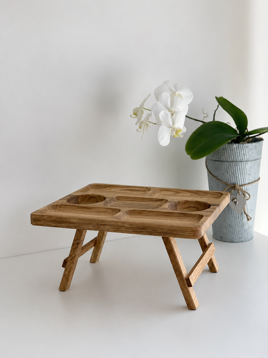 Folding oak serving tray for wine and snacks